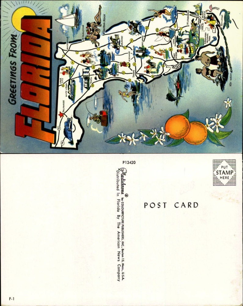 Greetings from Florida deep sea fishing oranges sailing unused map