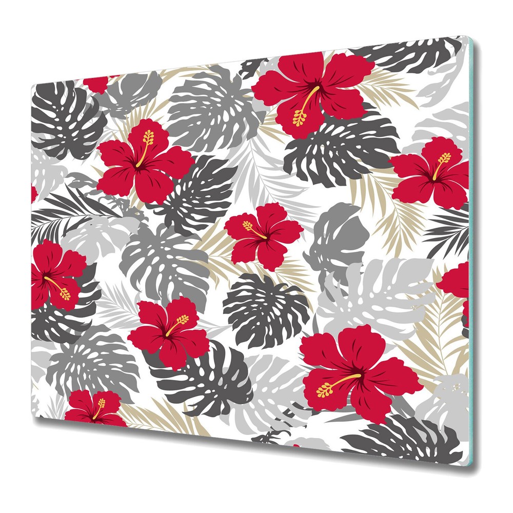 Glass Induction Ceramic Hob Cover Hibiscus Variation Red Floral Watercolour