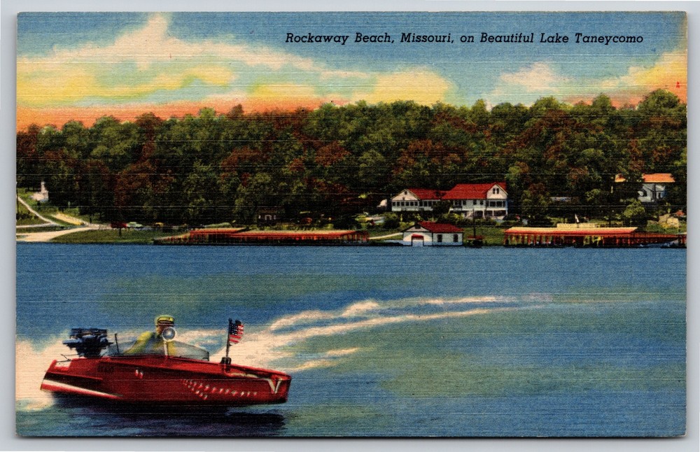 Rockaway Beach Missouri~Speedboat On Lake Taneycomo~Vintage Linen Postcard