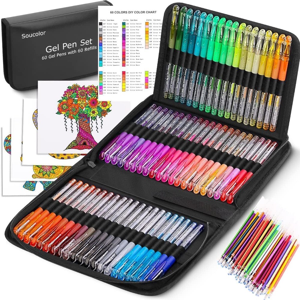 Soucolor Glitter Gel Pens for Adult Coloring Books, Back 122 Piece Set, Black