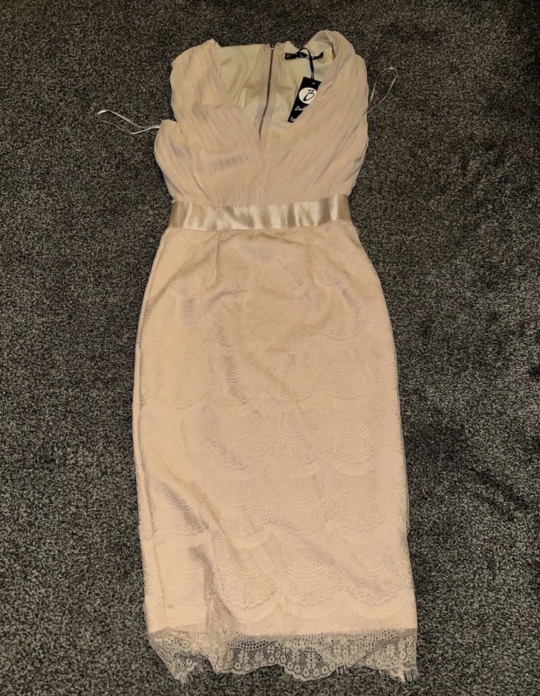 NWT Womens Boohoo Dress, Size 8, Pink, V-Neck, Lace, Pleated, Chiffon, Zip