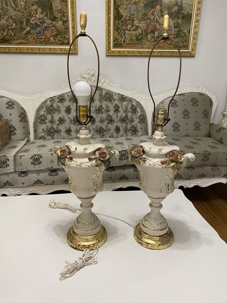 Two Antique Italian Capodimonte Porcelain Table Lamps
