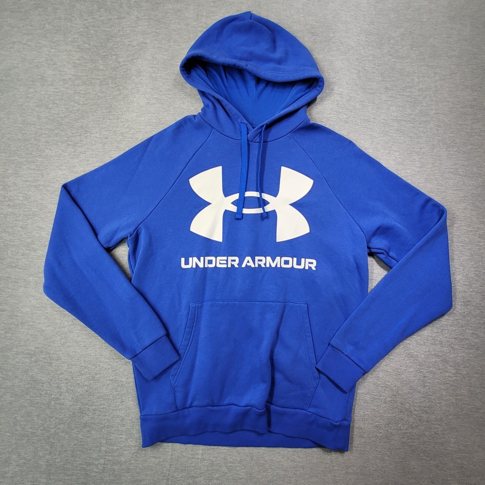 Under Armur Hoodie Mens Medium Blue Fleece Sweatshirt Loose Drawstring Big Logo