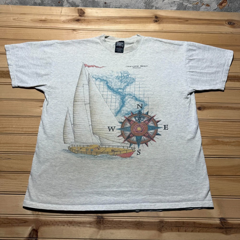 Vintage 90s Clearwater Beach Florida Sailboat Compass Souvenir T-Shirt USA Large