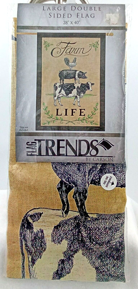 Carson Farm Life Double-Sided 28x40 Flag with Cows Pigs Roosters in Tan Black White Green