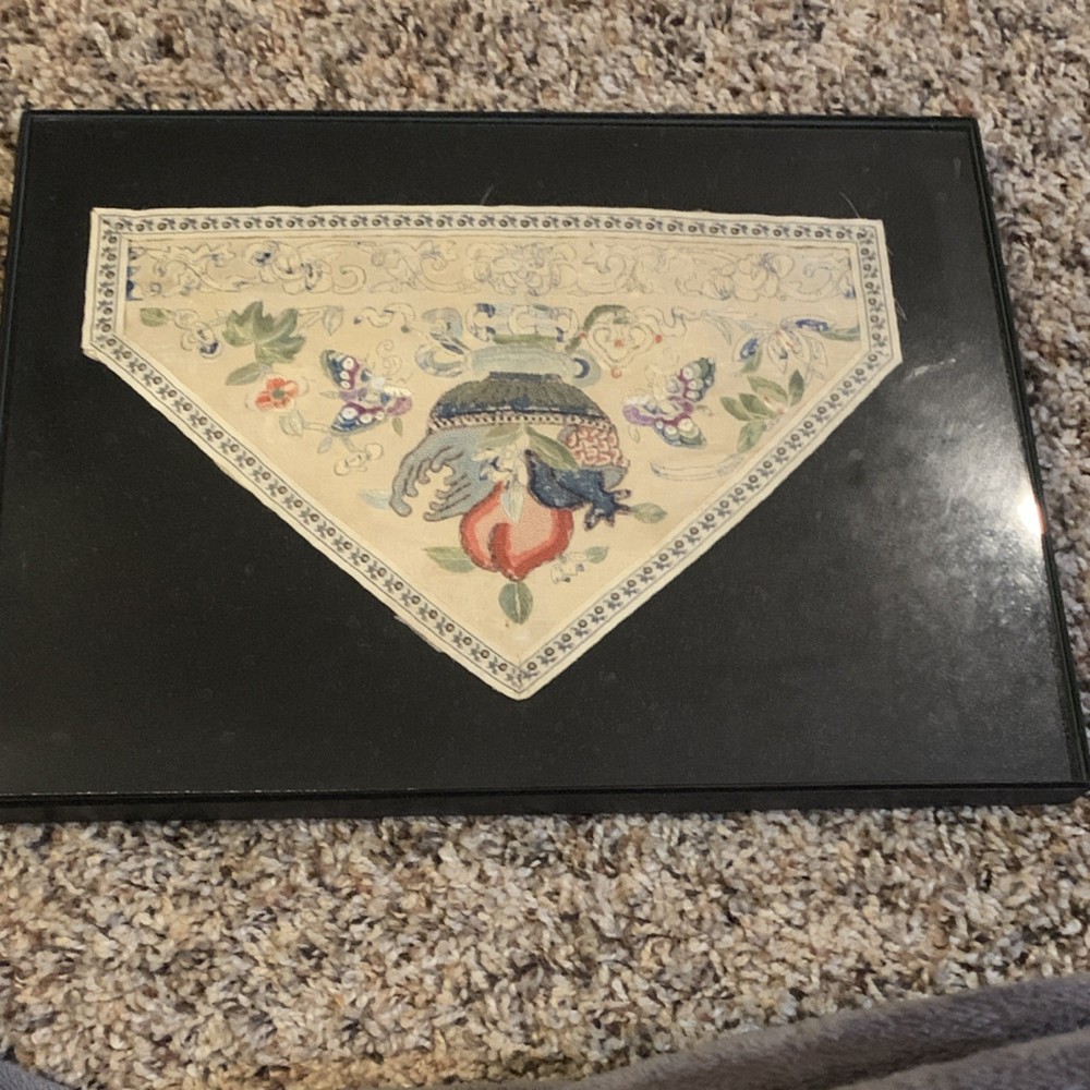 Framed Embroidered Textile Art Tapestry with Vase, Flowers, and Butterflies