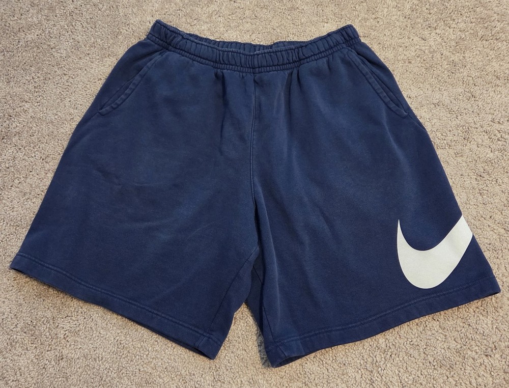 Vintage Nike Fleece Shorts Big Swoosh Sweat Blue Drawstring Waist Men's XL