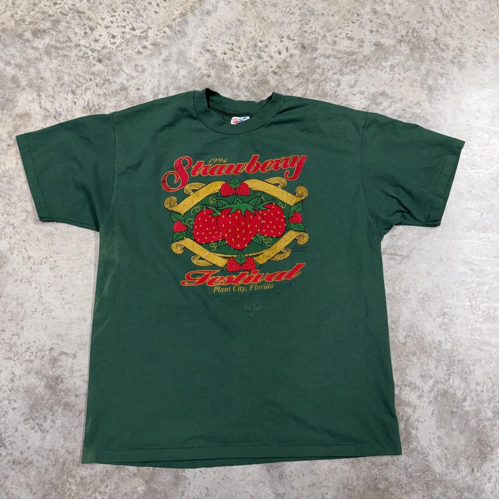Vintage Hanes Strawberry Festival Shirt Mens XL Green 1994 Plant City FL 90s