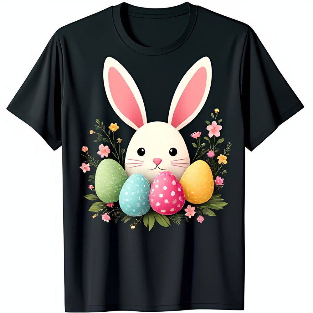 Adorable Black T-Shirt with Cute Easter Design Pink Ears & Colorful Eggs