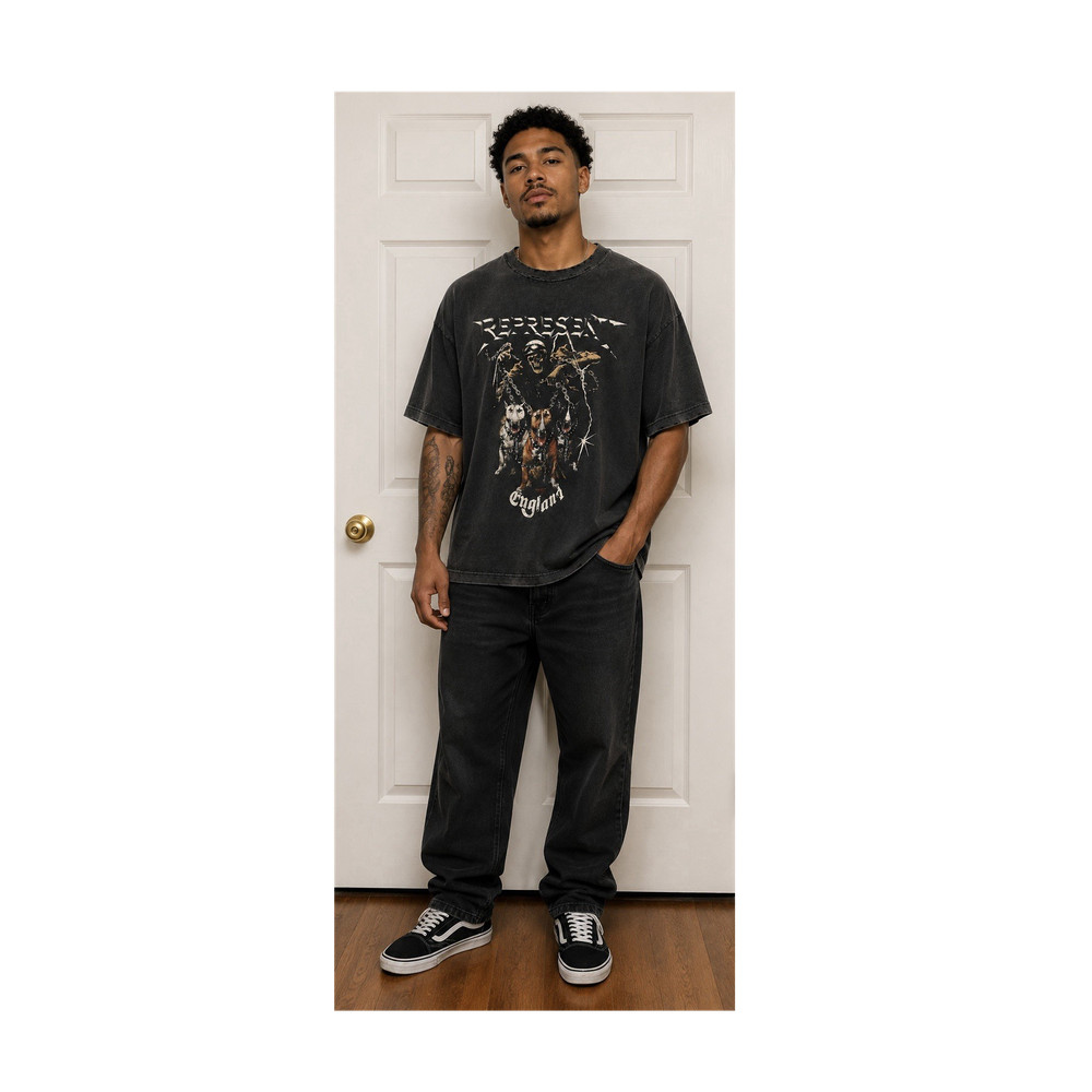 Size L . REPRESENT ENGLAND Graphic Print Black Crew Neck Short Sleeve Men's Tee