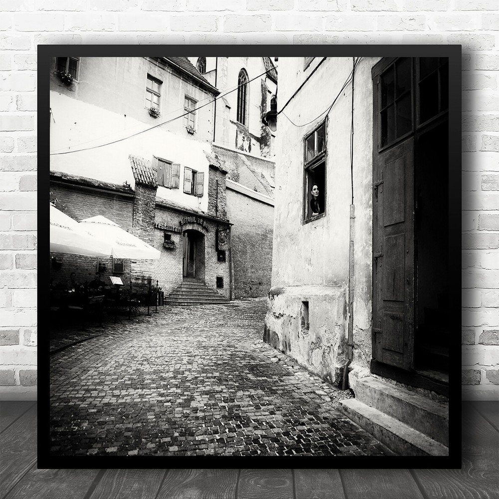 Street Black And White Old Town Village Rural Square Wall Art Print