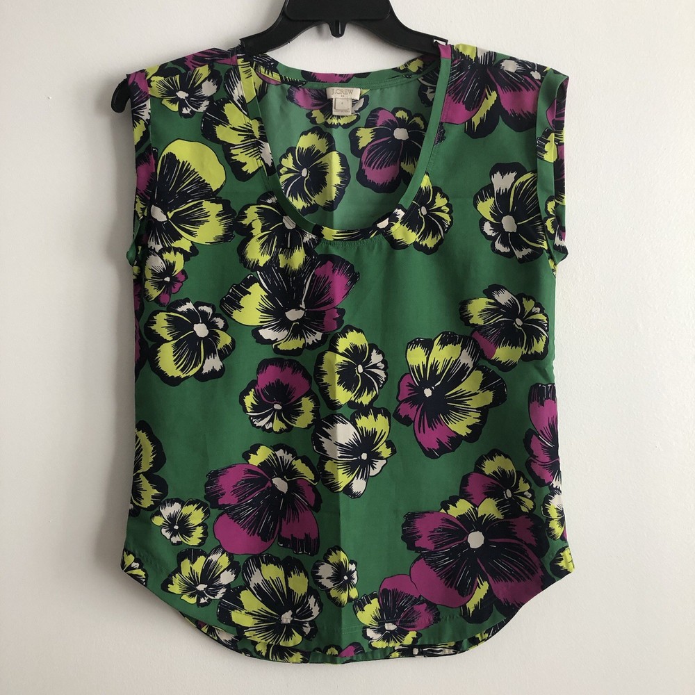 J. Crew Factory Green Poppy Floral Print Short Sleeve Top Women Size 4 Colorful