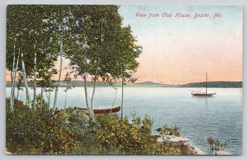 Dexter Maine View from Club House Lake Sailboat Robbins Bros. Postcard c1910s