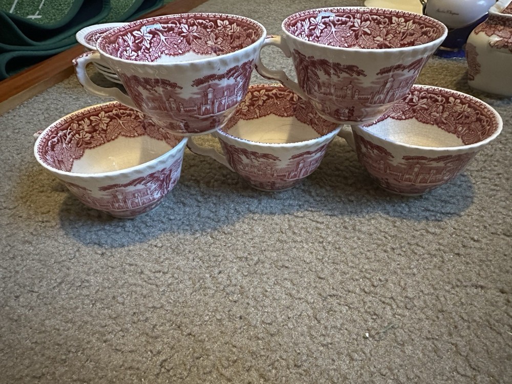 Antique Mason’s Dark Pink Vista England Ironstone Teacup, Set of 5