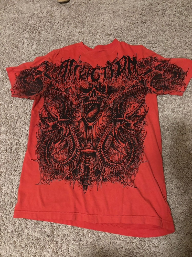 Affliction Live Fast Men's Red Black Skull Graphic Crew Neck Tee Cotton L
