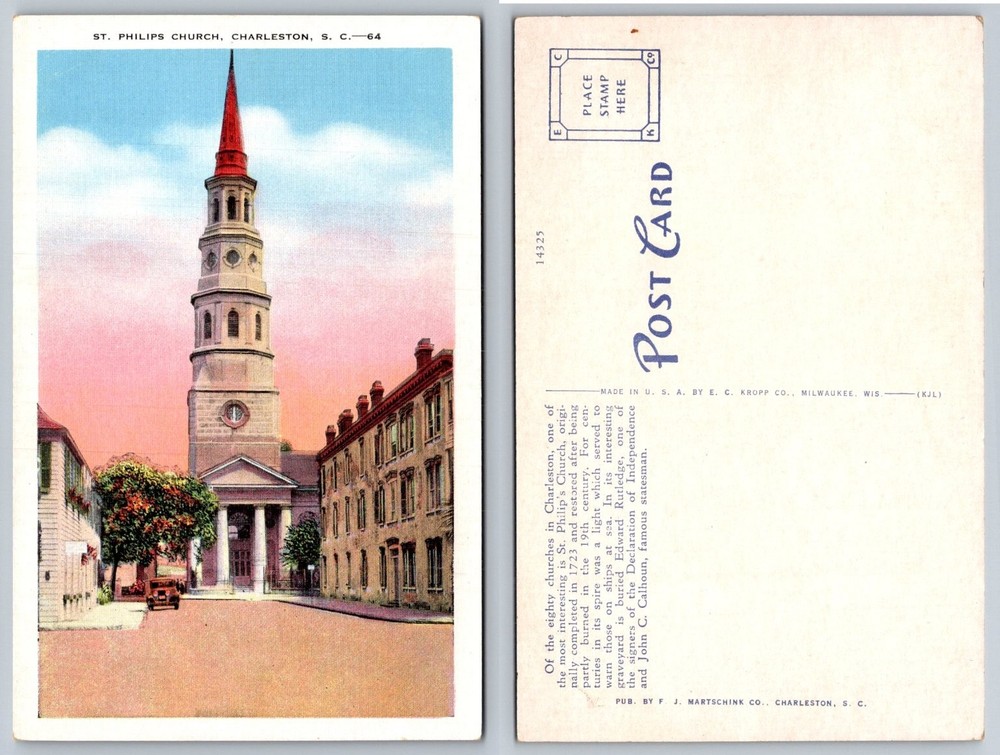 St. Philip's Church Charleston SC Linen Postcard - E. C. Kropp Co. Vintage