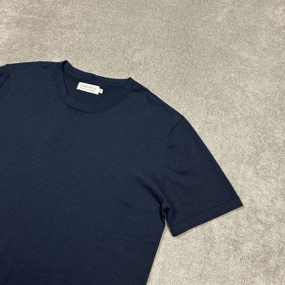 Collars & Co Shirt Mens XL Navy Blue Cotton Silk Crew Neck Short Sleeve Tee