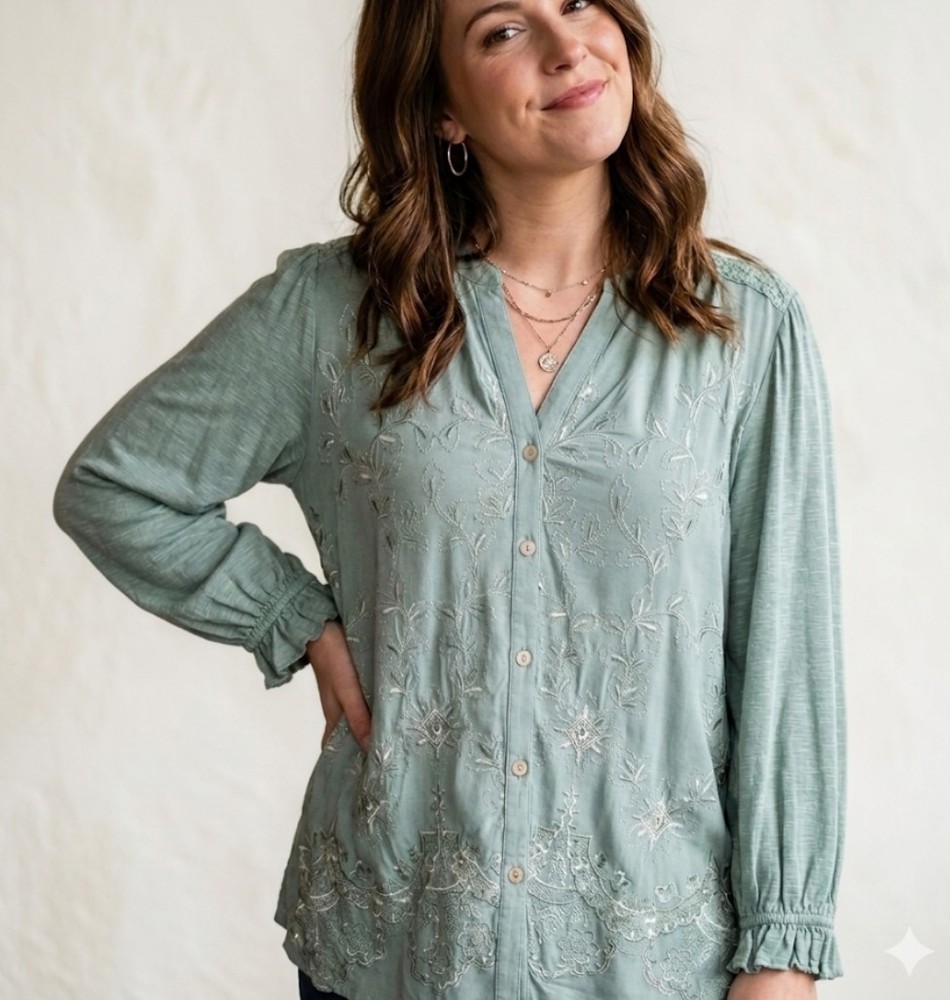 NWT Democracy Size XL Embroidered Blouse Sage Green Button Front Cottagecore