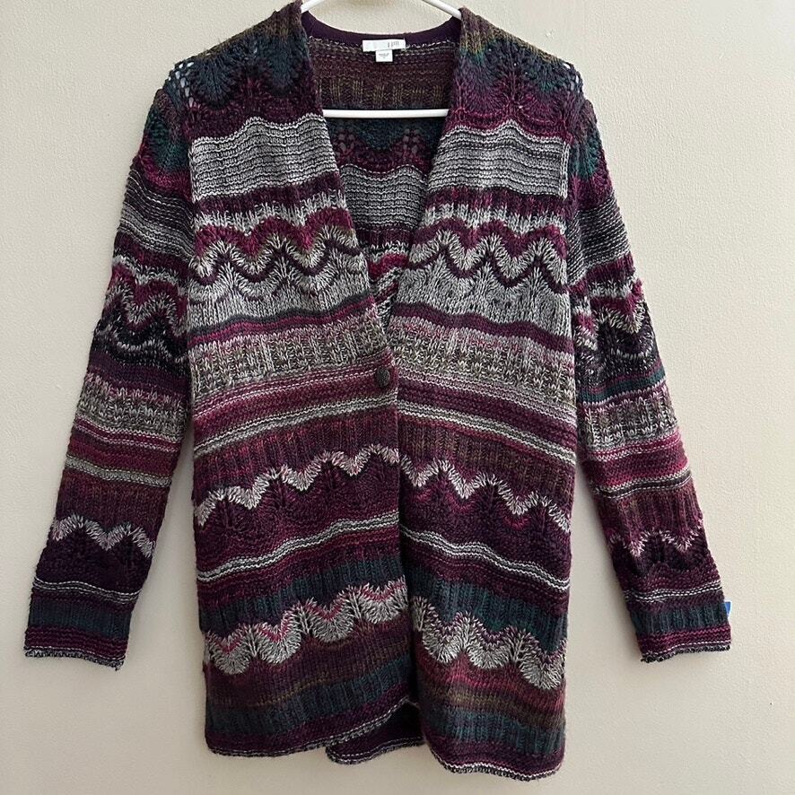 Jill Wool Blend Striped Open Knit Button Front Cardigan Sweater Small  