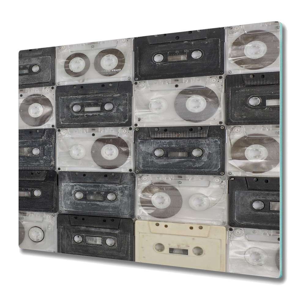 Glass Chopping Board Worktop Saver Retro Cassette design paper Home 60x52