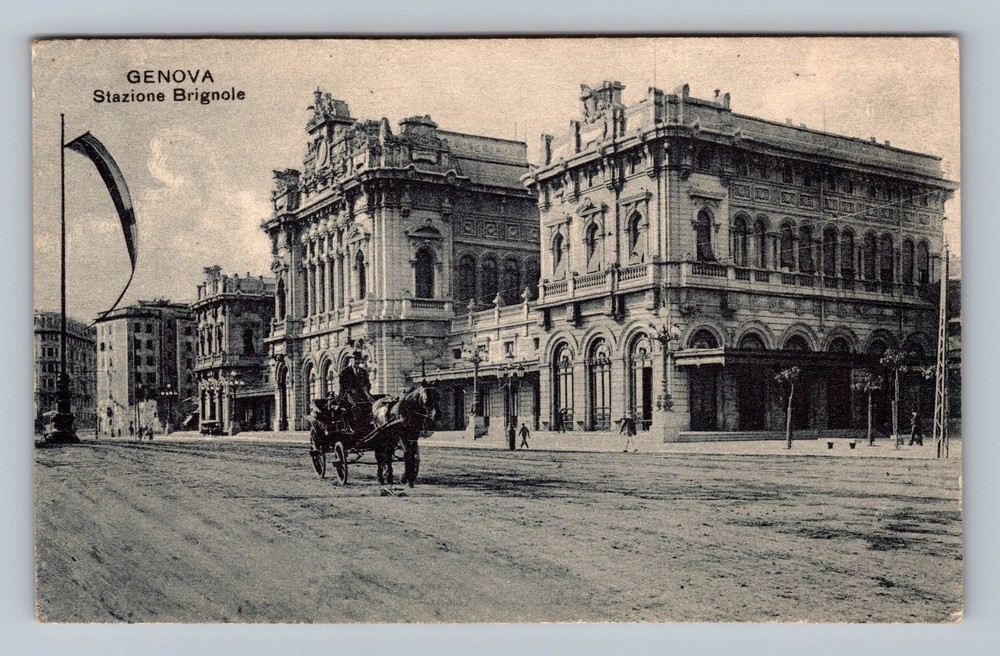 Italy- Genoa Brignole Station Horse-Drawn Carriage Postal Old Vintage Postcard