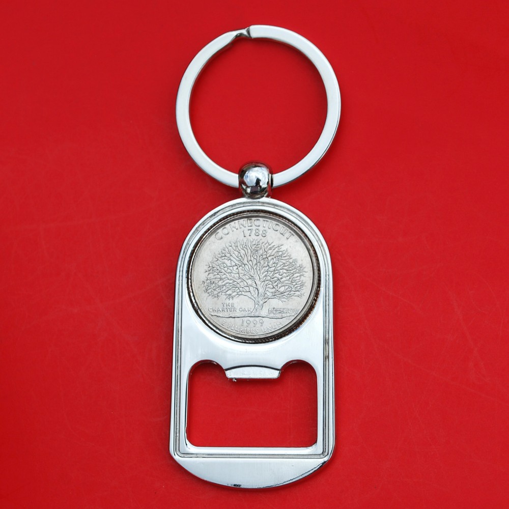 US 1999 Connecticut State Quarter BU Unc Coin Key Chain Ring Bottle Opener NEW