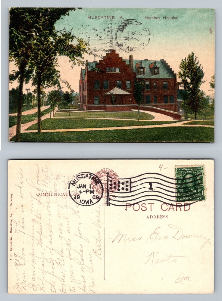 Muscatine, IA-Iowa, Hershey Hospital Red Brick Building Vintage c1909 Postcard