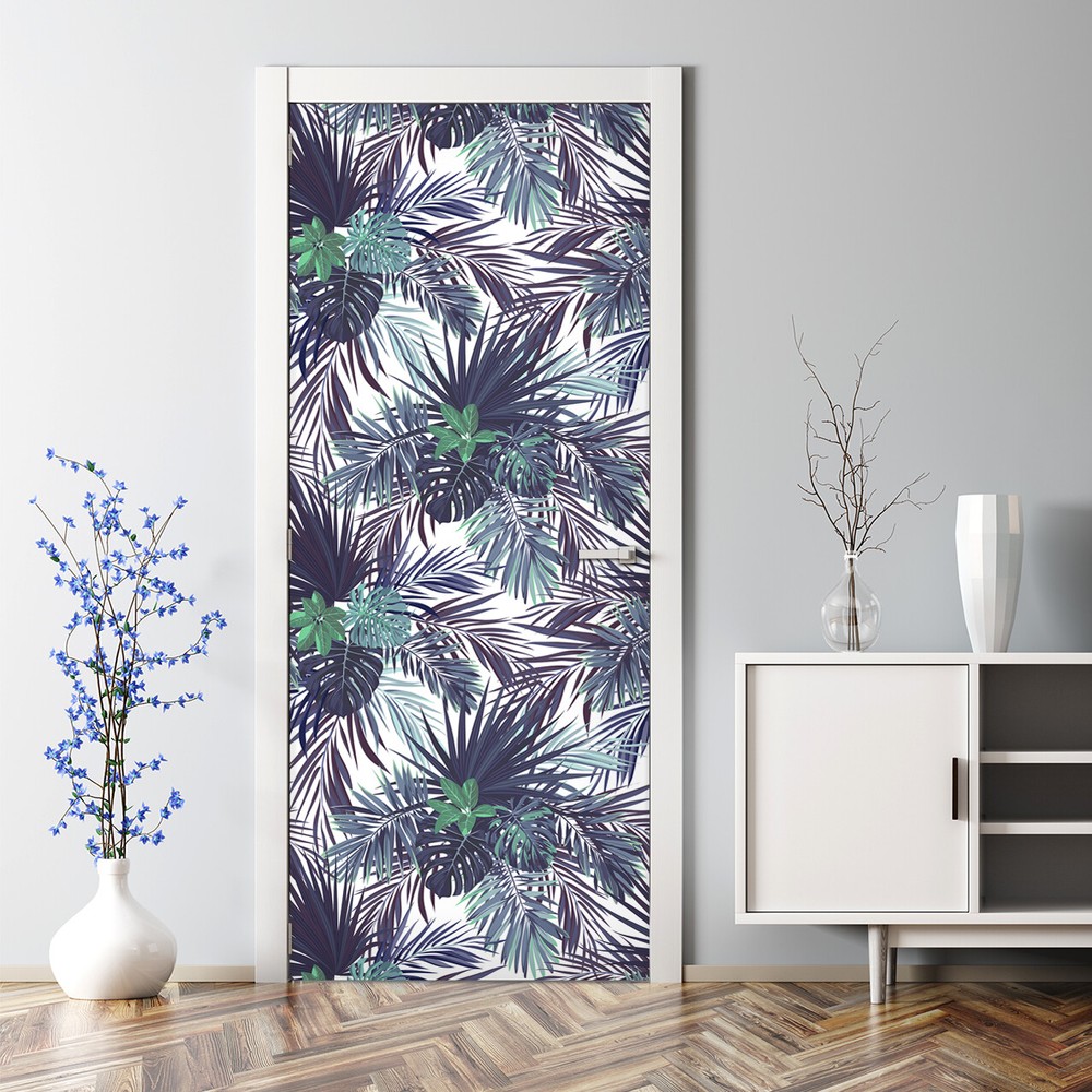 Tropical Leaves Bubble-Free Repositionable Door Decal with Exotic Abstract Design