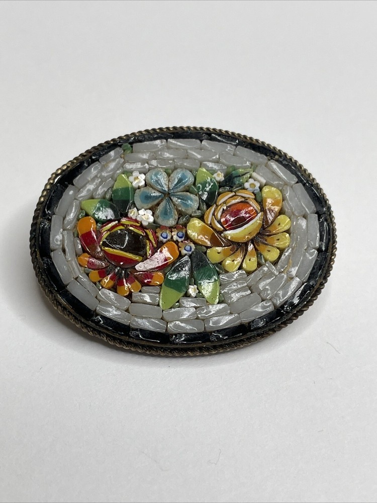 Vintage Micro Mosaic Floral Brooch Pin Gold Tone Oval Made In Italy Italian