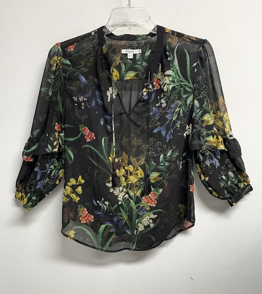 CHICO’S Size 1 Black Floral Sheer Ruffled 3/4 Sleeve Shirt / Top - Women’s 8, M