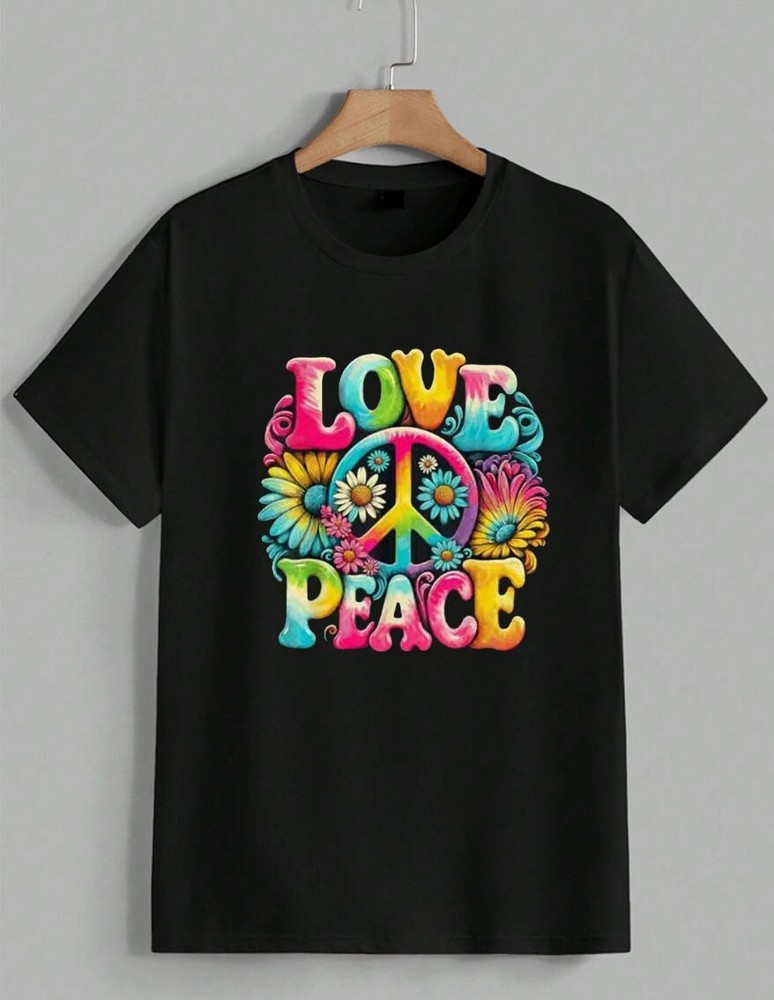 Love Peace Sign Graphic T-Shirt Retro Hippie Boho Flower Power Rainbow Unisex
