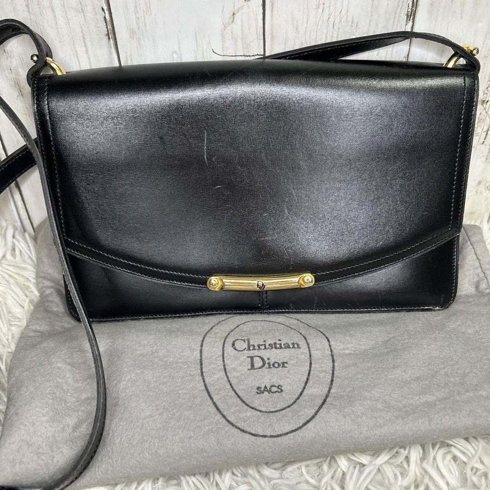 Vintage Christian Dior Black Leather Shoulder Bag with Logo Charm