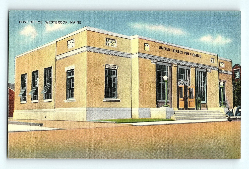 Post Office Westbrook Maine Public Building Street View Vintage Postcard G3