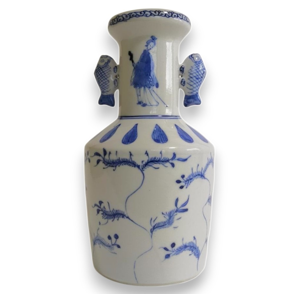 Imari Porcelain Vase Meiji Period Fish Handle Japanese Antique Ceramic Jar 7.3in