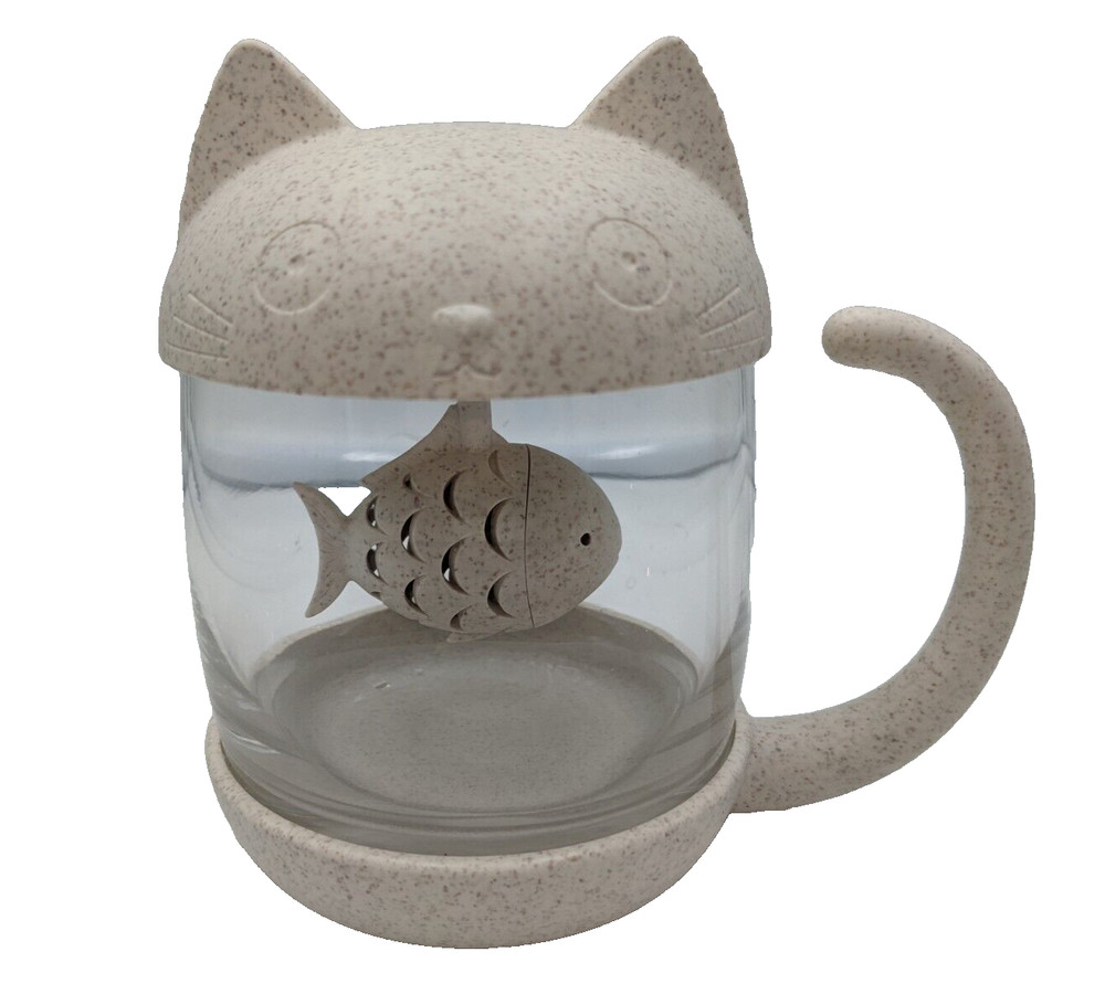 Anya Cat Glass Cup Tea Mug With Plastic Fish Infuser Strainer Filter With Lid