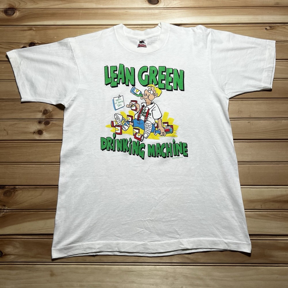 Vintage 90s 1991 Lean Green Drinking Machine St Pattys Day Cartoon Shirt - Large