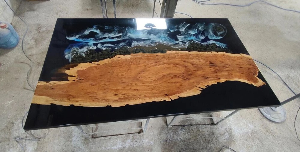 Black & Blue Ocean Wave Epoxy Resin Dining Table Top Home Decor