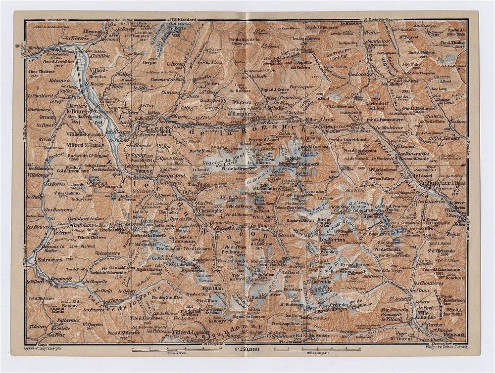 1914 Original Antique Map Of Vallee De La Romanche / Vallee Du Veneon / France