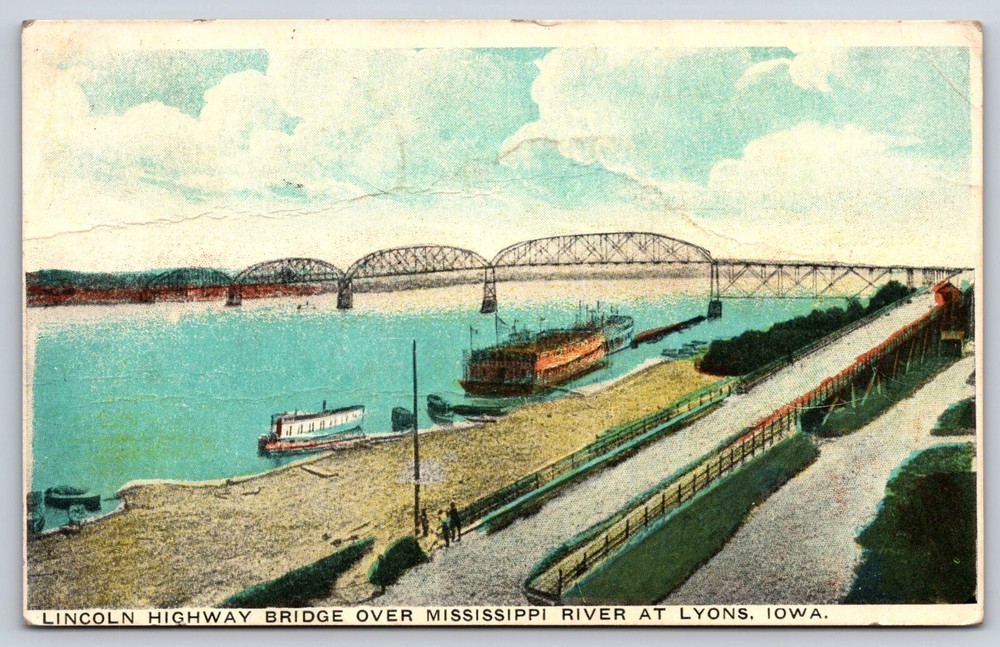Lyons Iowa Mississippi River Boats Lincoln Bridge Aerial View Vintage Postcard