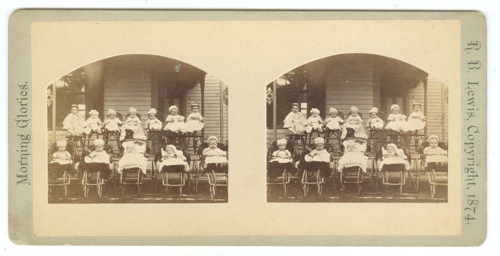 G5213~ MORNING GLORIES – 12 I’d Babies in Carriages 1870s Stereoview – RB Lewis
