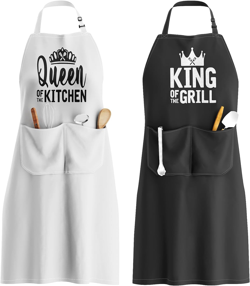 King & Queen Apron Set - Wedding Engagement Gifts for Couples, Funny Kitchen Gif
