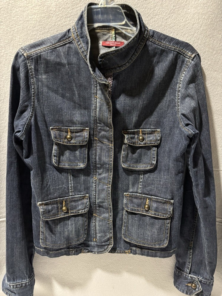 THROTTLEMAN Jacket Women Sz M Blue Denim High Neck Moto Hippie Cargo Pockets