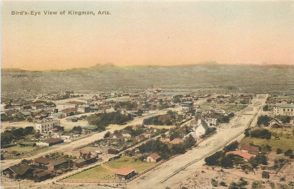 1920s Kingman Arizona Birdseye View hand colored Albertype Postcard 26-1925