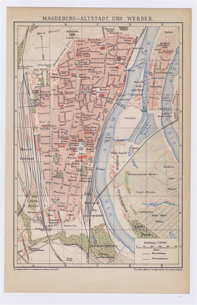 1900 Original Antique City Map Of Magdeburg - Center Downtown / Werder / Germany