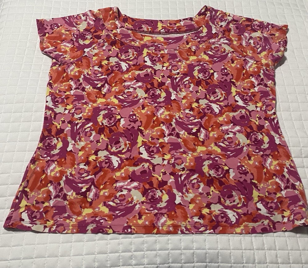 Kim Rogers Women's Size Medium M Top Pink Orange Floral Rose Short Sleeve Blouse