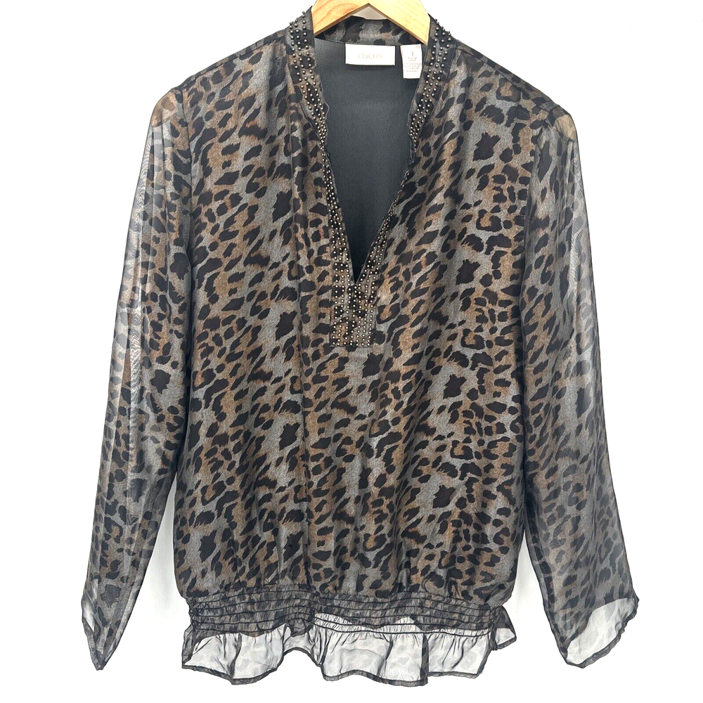 Chico's Blouse Womens Medium Semi Sheer Animal Print Beaded Pullover