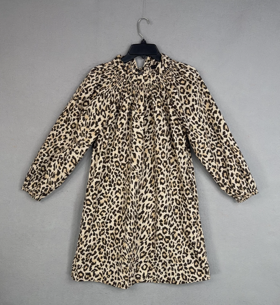 J Crew Dress Womens Small Brown Leopard Print Ruffle Neck Puffe Sleeve Cotton