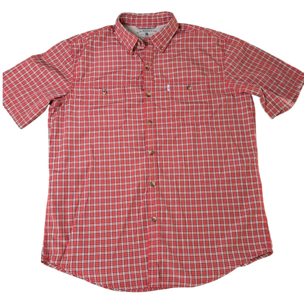 GH Bass Mens Red Plaid Short Sleeve Button Down Shirt Large Hiking Outdoor