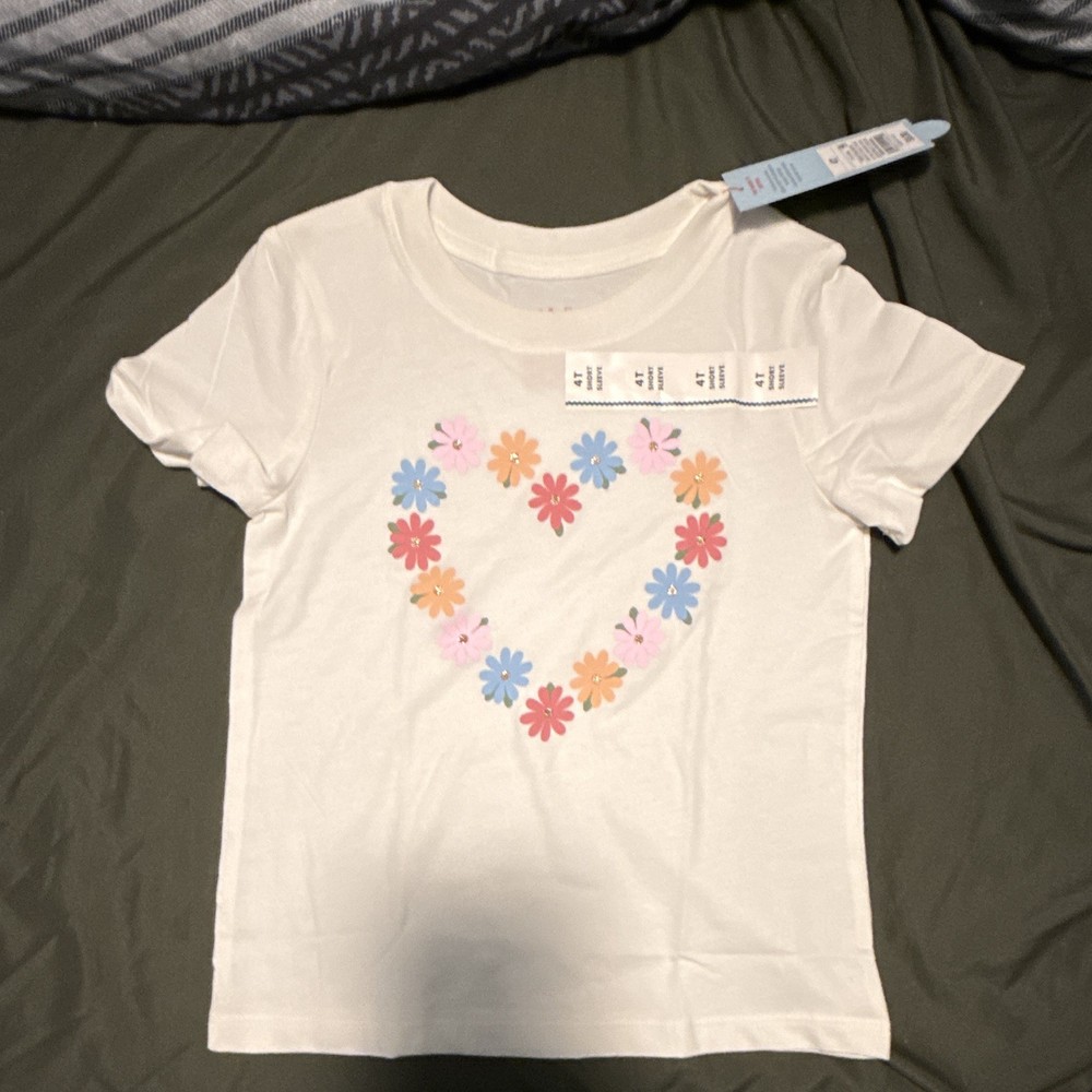Cat & Jack Girls 4T White Short Sleeve Cotton Crew Neck Flower Heart Tee