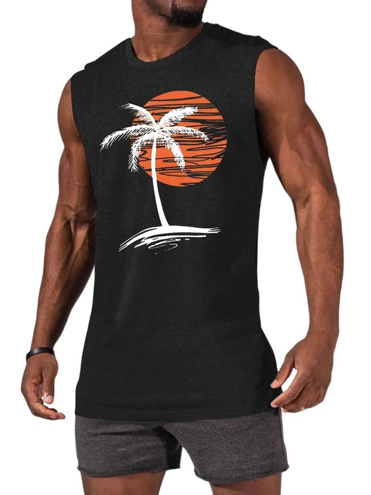 Mens Sleeveless Shirts Hawaiian Palm Tree Print Tank Tops Tropical Vacation T...